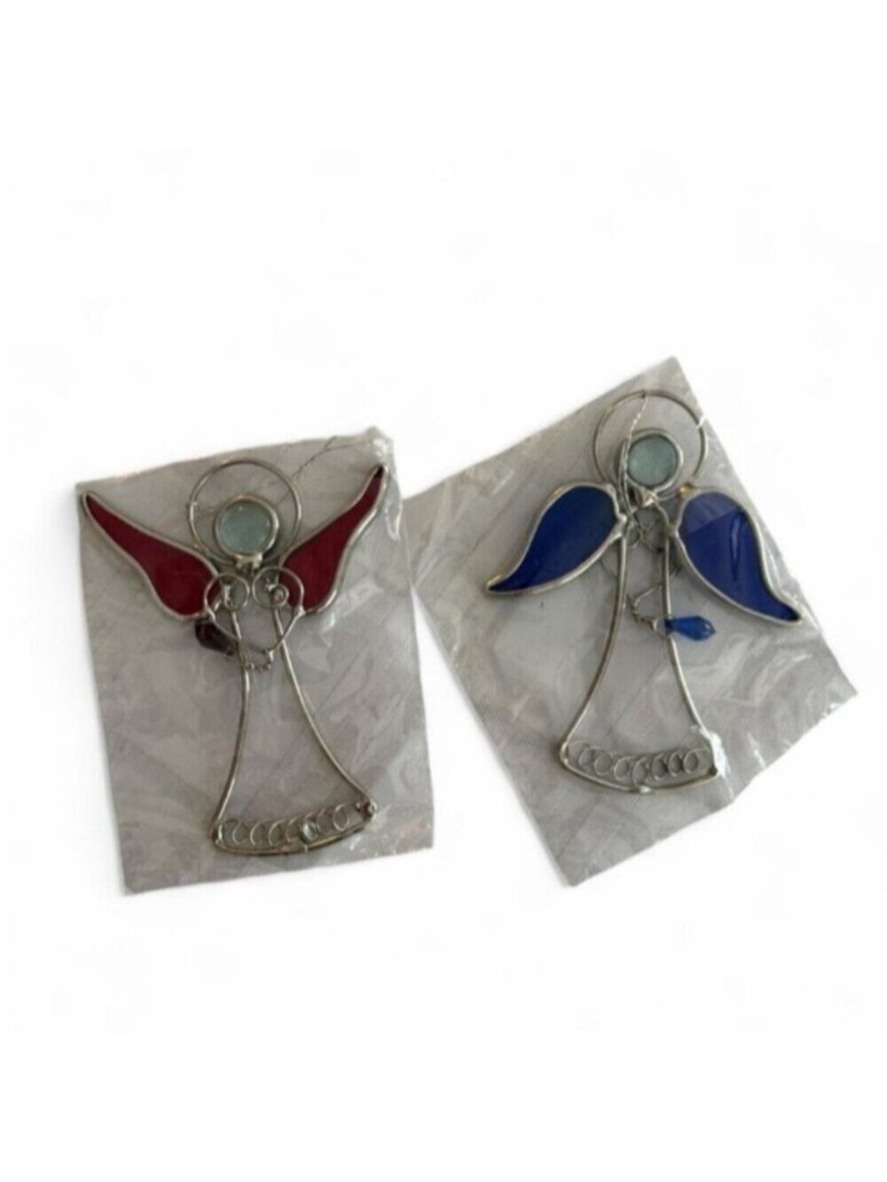 Bundle of two vintage Stained glass angel ornaments with red/blue wings